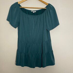 Green Envelope Blouse Top Medium Teal Knit Ruffle Tiered Babydoll Y2K Boho Shirt